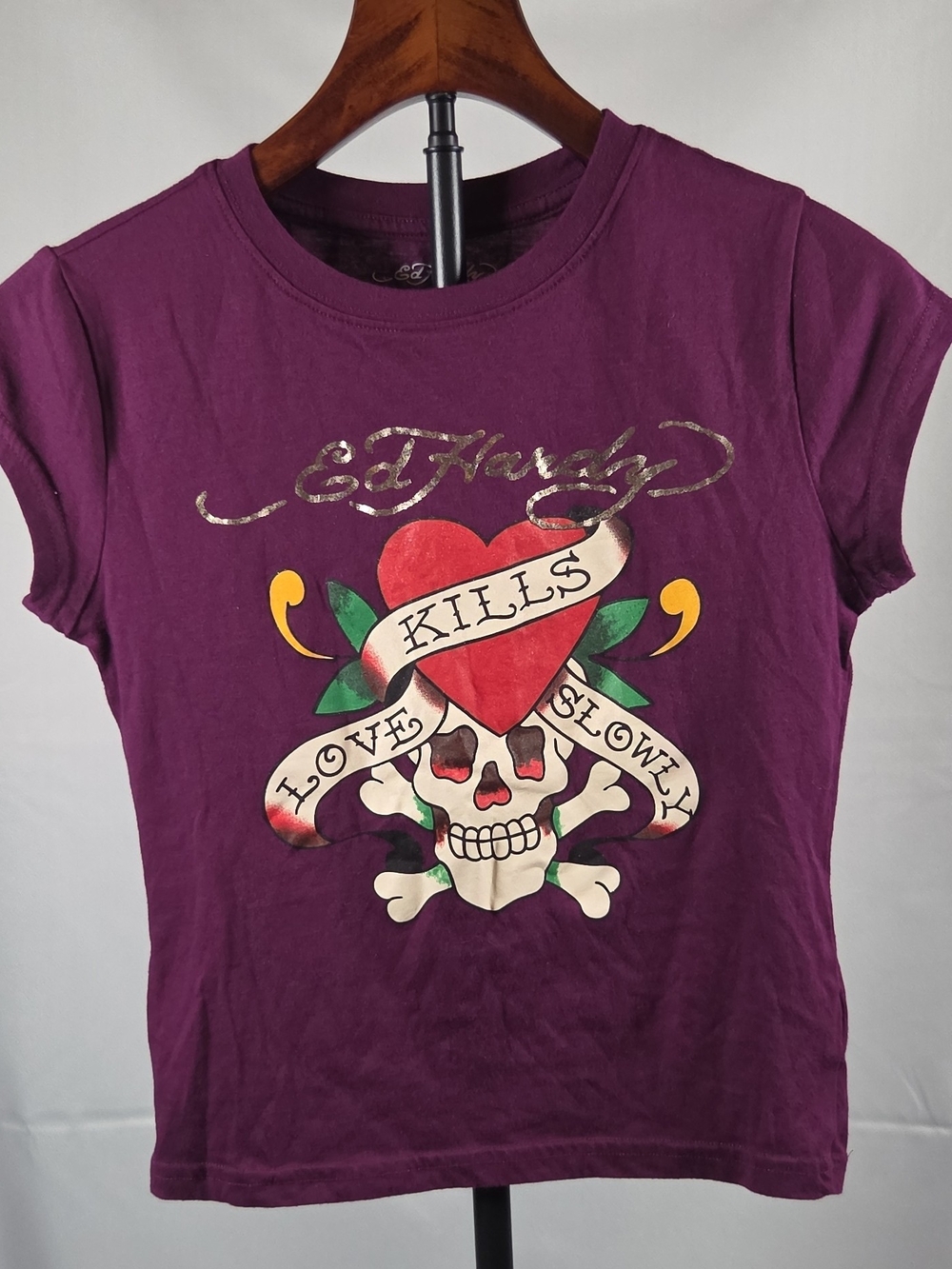 Y2K Ed Hardy Juniors Purple Graphic Tee with Red Heart & Skull Size M